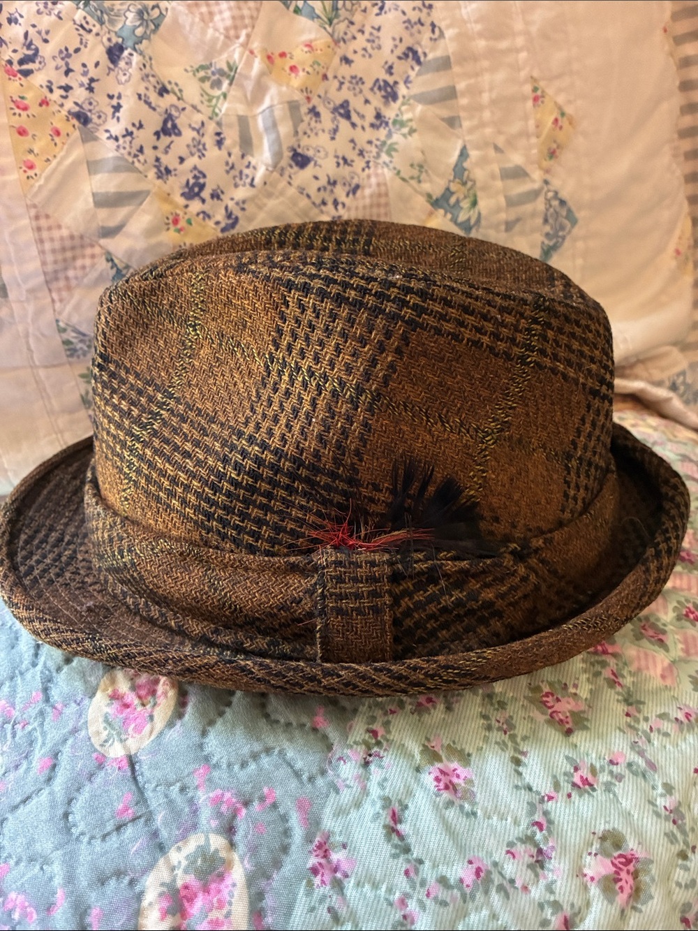 Vintage Brown Plaid Wool Blend Fedora Hat by Dobbs